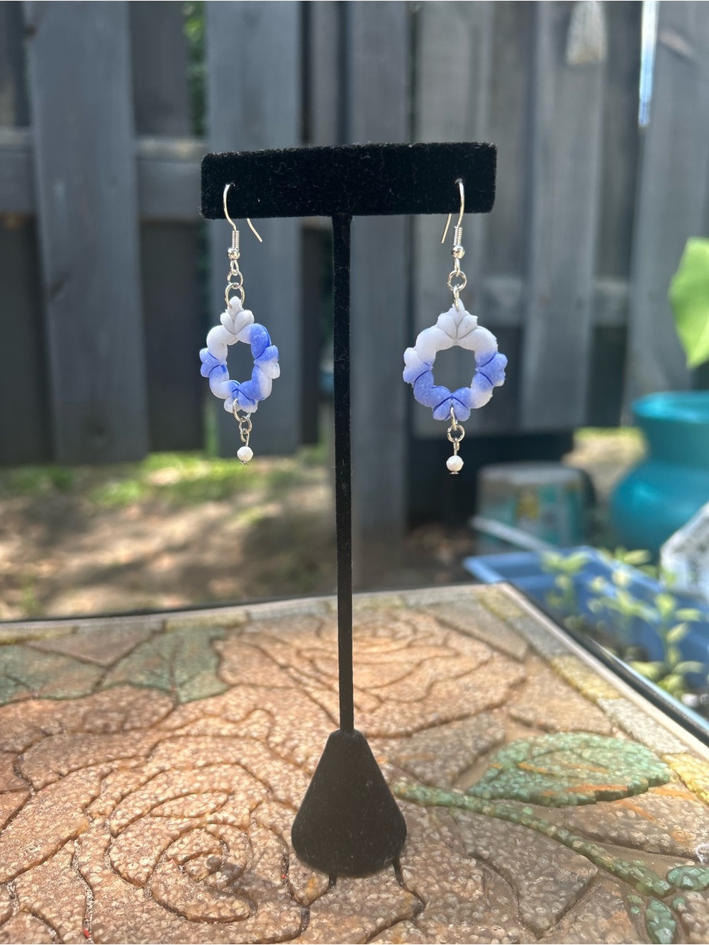 Handmade Blue & White Floral Hoop Drop Earrings